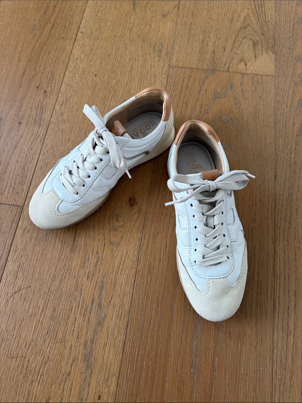 Hogan Women's White Sneakers with Tan Heel Accent